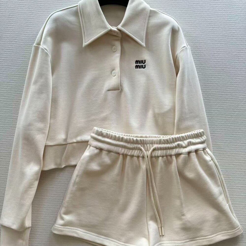 Miu Miu Off-White Collared Short Polo Shirt + Shorts Two-Piece Set, Size S.